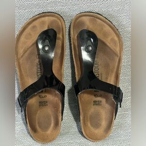 Birkenstock Gizeh Birko-Flor Patent Leather Black T Strap Sandals Size:7US/38EU